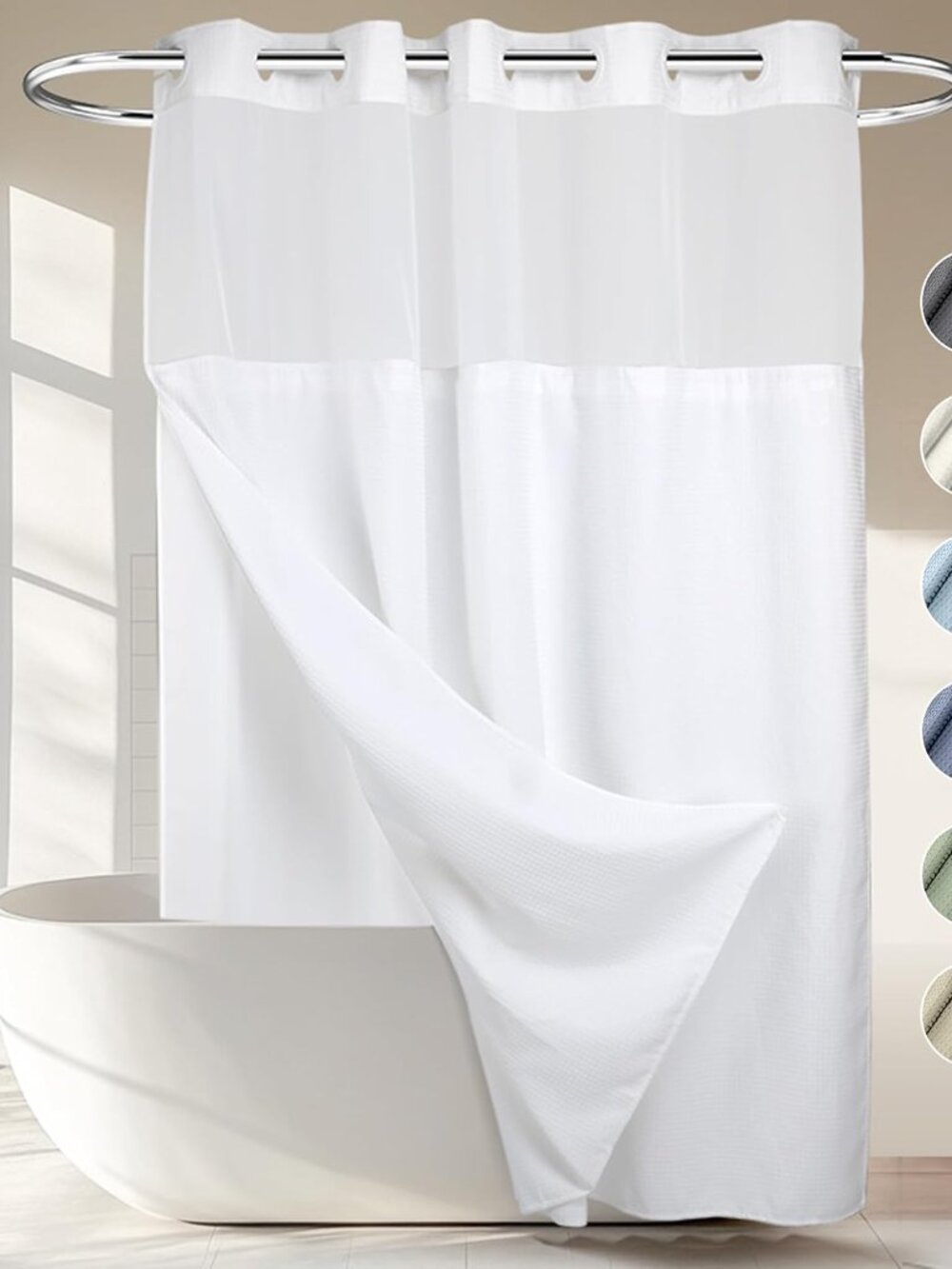 Heavyweight Waffle No Hook Shower Curtain with Liner,White,71x74
